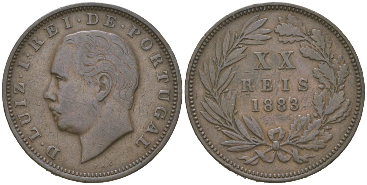 Португалия 20 реалов 1883 Луиш I (1861-1889) KM 527 бронза 4512-911