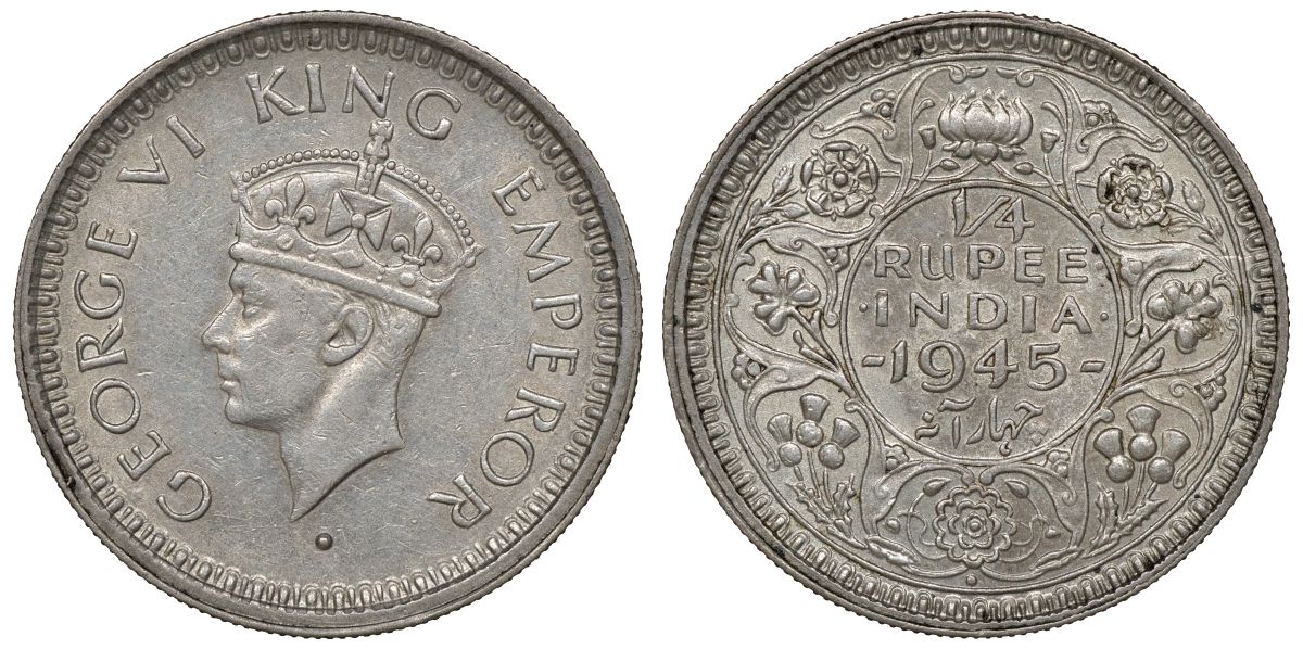 Британская Индия 1/4 рупии 1945 Георг VI (1936-1952), мондвор Бомбей KM 547 серебро 4177-441