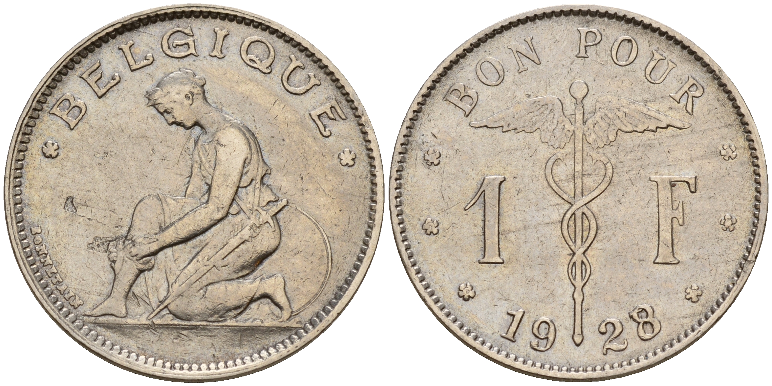 Бельгия 1 франк 1928/27 Belgique KM 89 никель    4161-1214