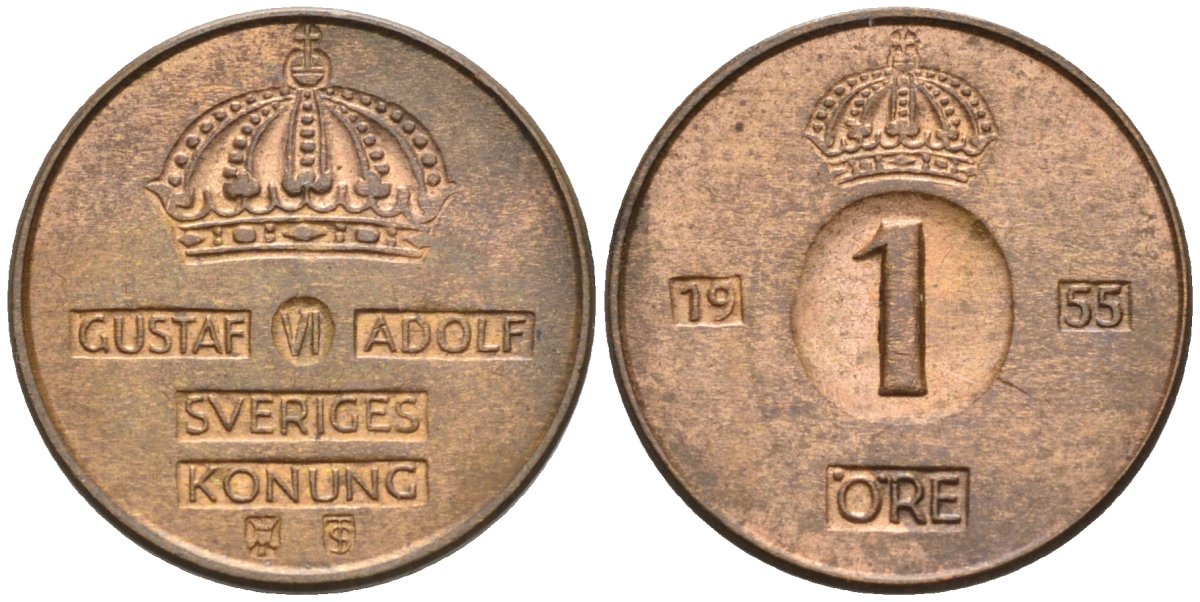 Швеция 1 эре 1955 Густав VI Адольф (1950-1973) KM 820 бронза 4580-1055