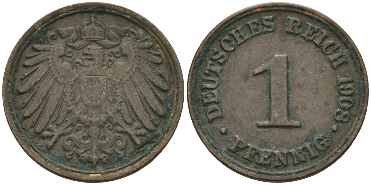 Германия 1 пфенниг 1908 D, Вильгельм II (1888-1918) KM 10, J. 10 медь 4608-152