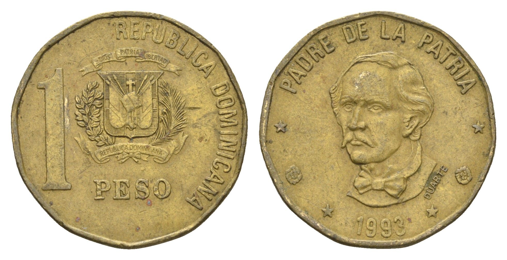 Доминиканская Республика (Доминикана) 1 песо 1993 Хуан Пабло Дуарте KM 80.2 латунь 4663-915
