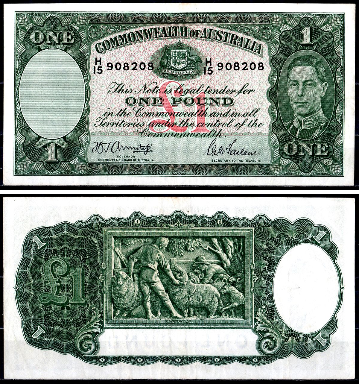 Австралия 1 фунт ND (1941-1948) выпуск (1938-1952), signatures: Armitage & McFarlane, Георг VI Pick 26 b бумага 451-709-2