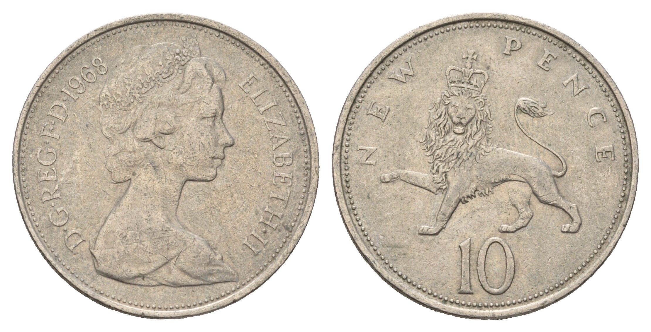 Великобритания 10 пенсов 1968 Елизавета II (1952-2022) KM 912, Spink 4231 (F1) медно-никель 4673-921