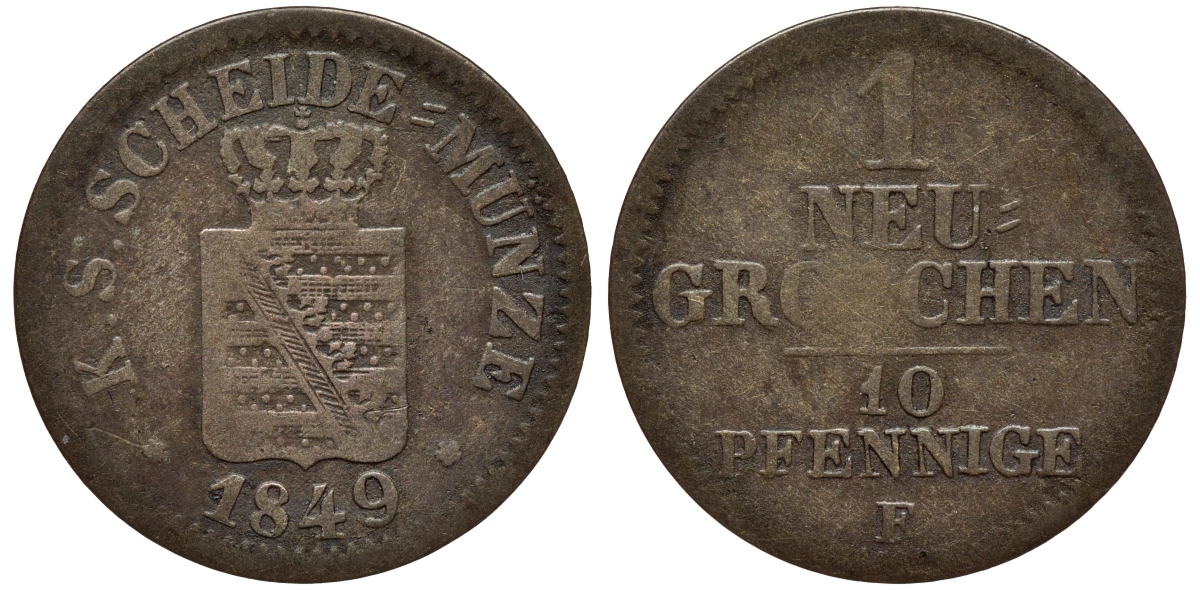 Саксония 1 новый грош - 10 пфеннигов 1849 Фридрих Август II (1797-1854) KM 1159, J. 82 серебро 75-129