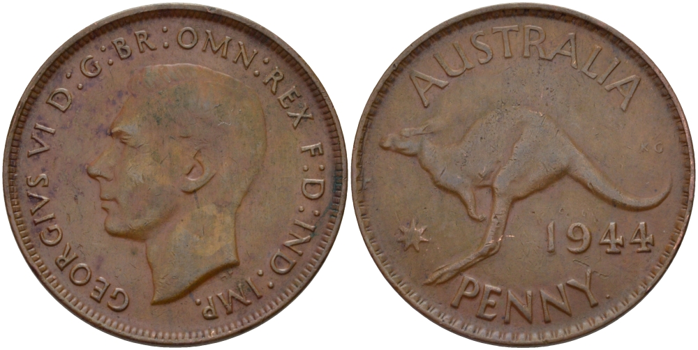 АВСТРАЛИЯ 1 ПЕННИ 1944 p, ГЕОРГ VI (1936-1952), КЕНГУРУ KM 36 бронза 82-744