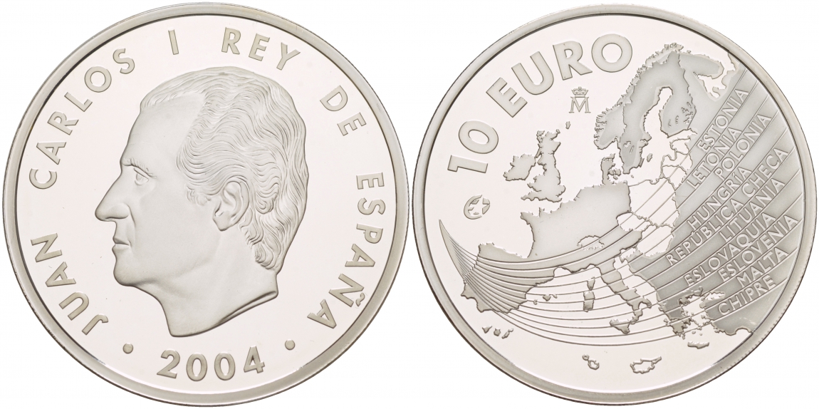 Испания 10 евро 2004 M, расширение Евросоюза, карта Европы KM 1099 серебро PROOF 11-241-25