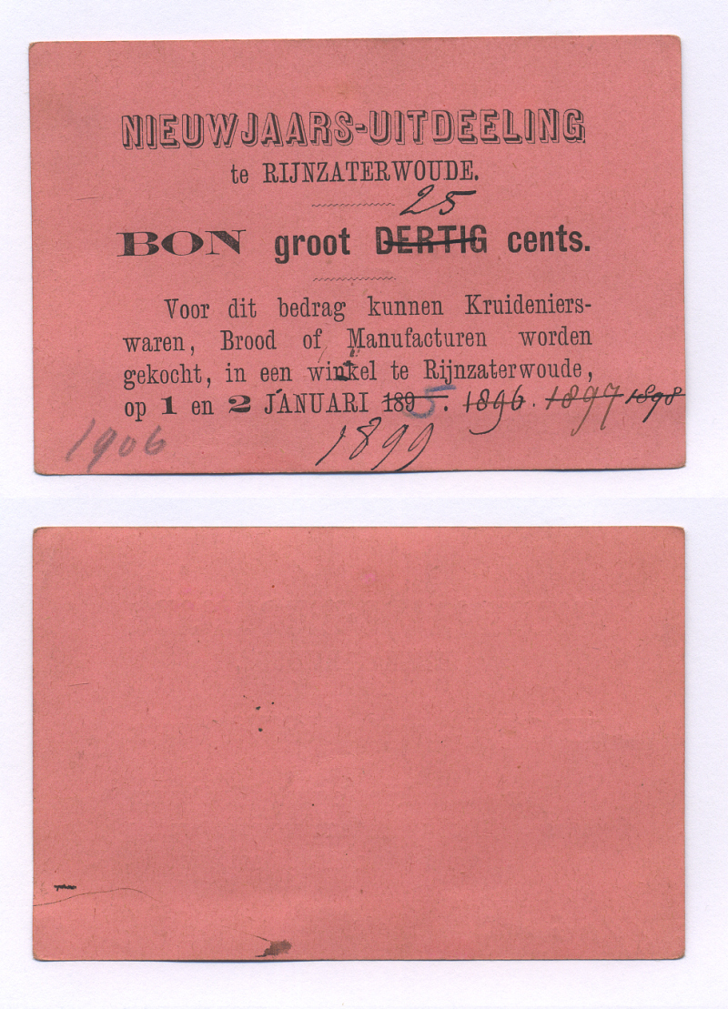 НИДЕРЛАНДЫ 25 ЦЕНТОВ 1906 НА ПОКУПКУ ТОВАРОВ, БАКАЛЕИ, ГАСТРОНОМИИ, ХЛЕБА, ГАЛАНТЕРИИ, НОВОГОДНИЕ СКИДКИ 1 И 2 ЯНВАРЯ, ЧАСТНЫЙ ВЫПУСК бумага aUNC 444-24-2