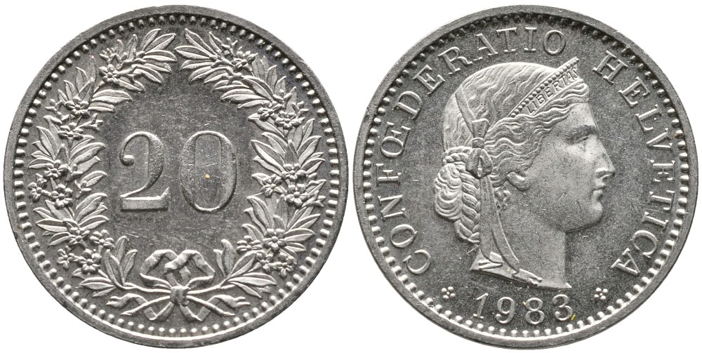 ШВЕЙЦАРИЯ 20 РАППЕНОВ 1983 KM 29а медно-никель 4539-633