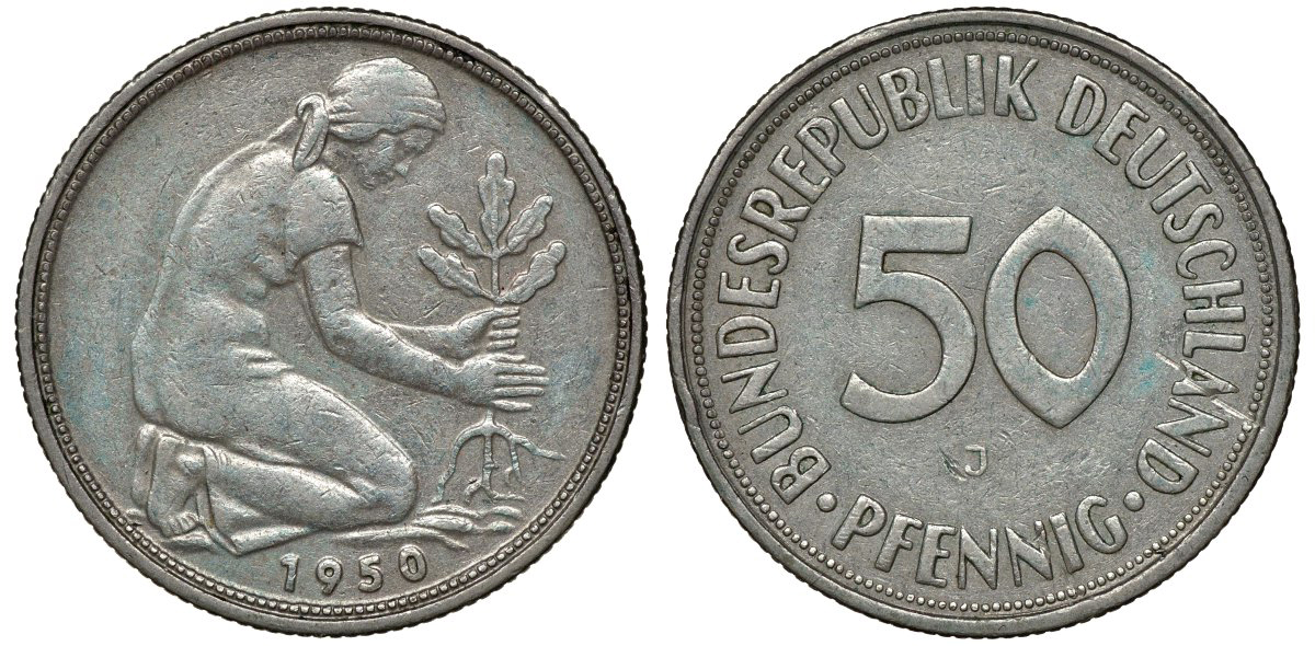 ФРГ 50 ПФЕННИГОВ 1950 J KM 109.1, J. 384 медно-никель 72-1019