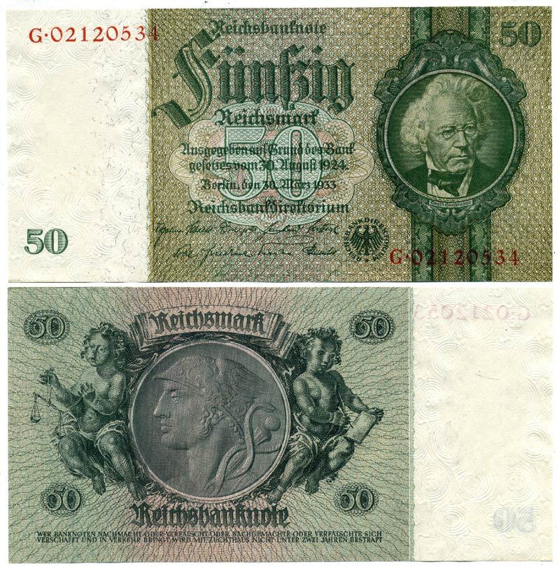 Германия 50 рейхсмарок 1933 Давид Ганземан, без серийного номера на оборотной стороне Pick 182 b бумага аUNC 7214-38-2