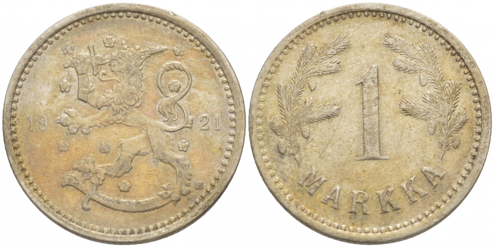 ФИНЛЯНДИЯ 1 МАРКА 1921 H KM 27 медно-никель 4523-211
