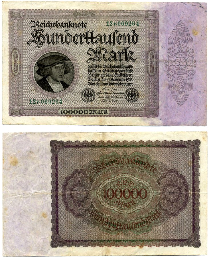 Германия 100000 марок 1923 1 февраля 1923, выпуск (март 1923-5 июля 1925), номер шестизначный, серия 12V 069264 Pick 83, Роземберг 82d бумага 8518-53-1-2