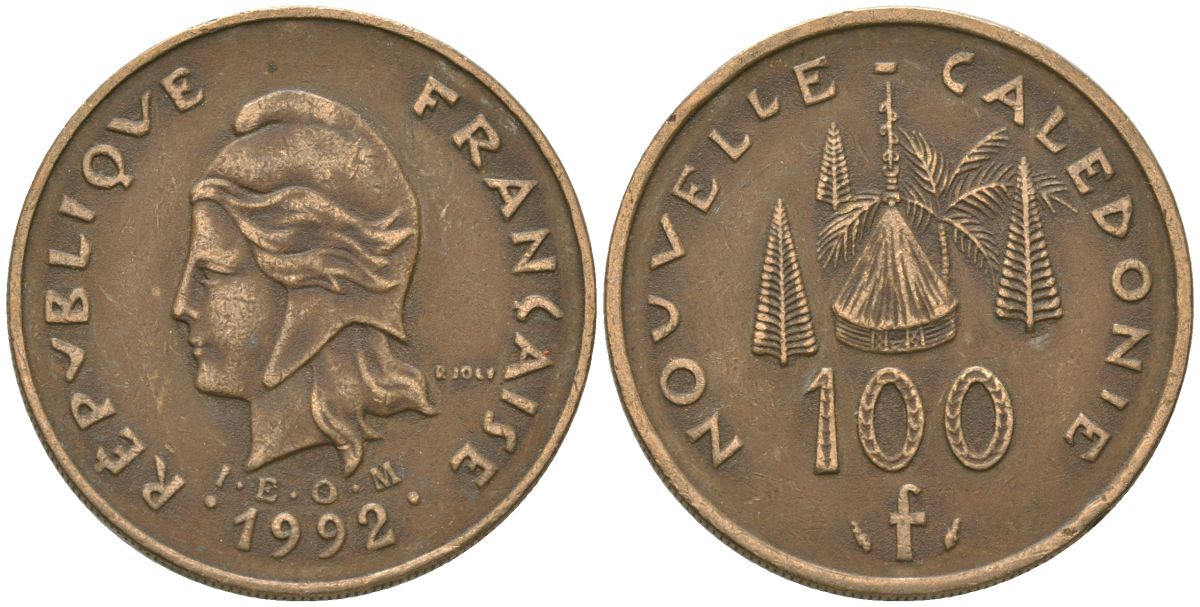 Французская Новая Каледония 100 франков 1992 хижина среди сосен и пальм, (IEOM) KM 15, Schoen 16, Lec 137 никель бронза 88-912