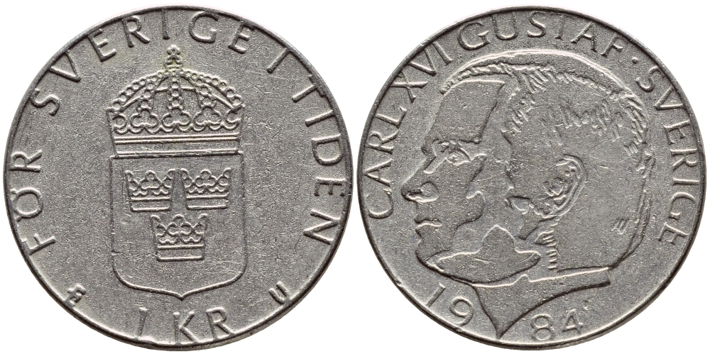Швеция 1 крона 1984 Карл XVI Густав (1973- ) KM 852a медно-никель 4397-1152