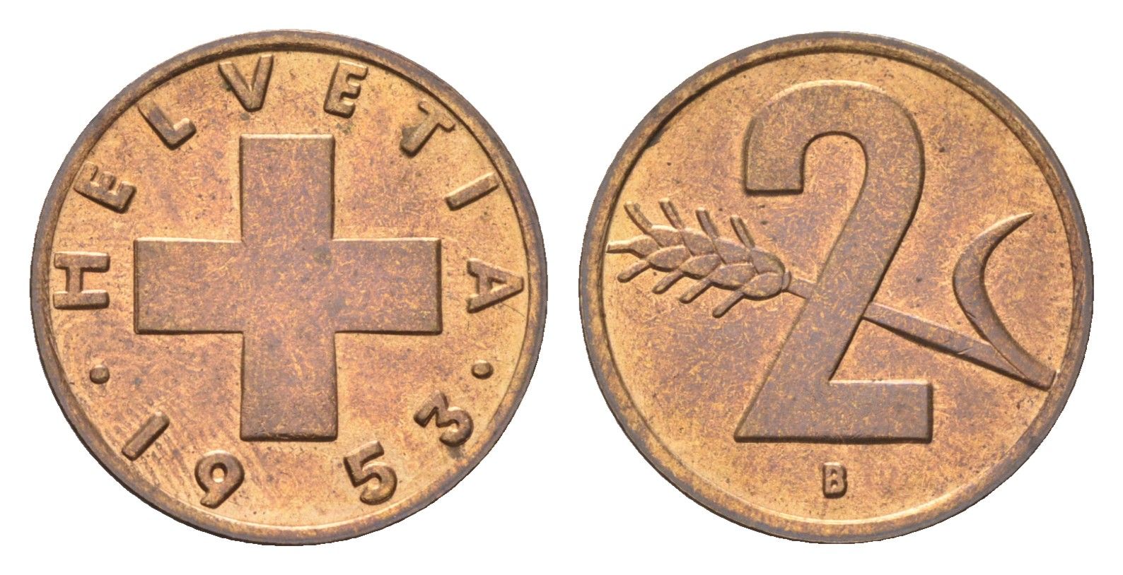 Швейцария 2 раппена 1953 B KM 47 бронза UNC 4708-324
