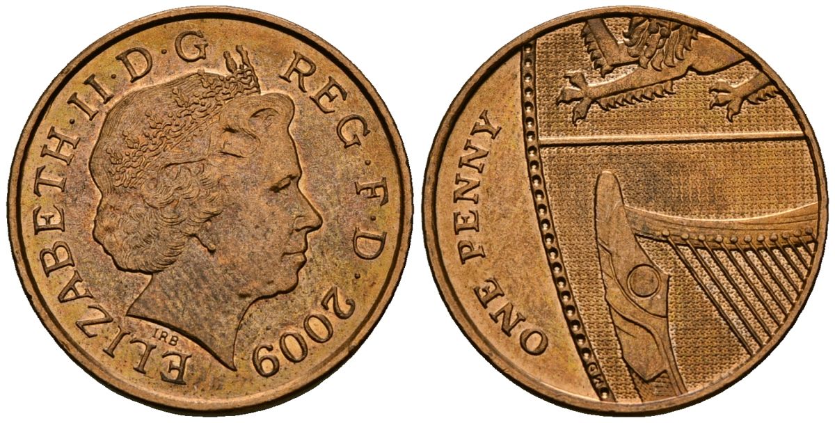 Великобритания 1 пенни 2009 Елизавета II (1952-2022) KM 1107, Spink B6 сталь плакированная медью 4176-646