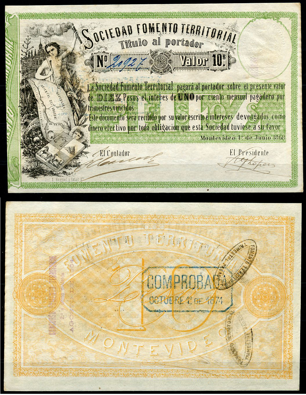 Уругвай, Монтевидео 10 песо 1868 мальчик, карта, № 20923 Pick S481  бумага  451-169-1