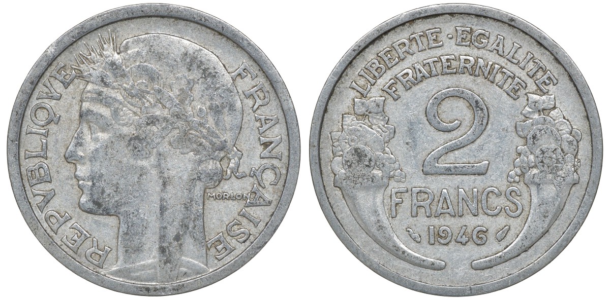 Франция 2 франка 1946 KM 886а.1, Le Franc 269.8 алюминий 4163-655