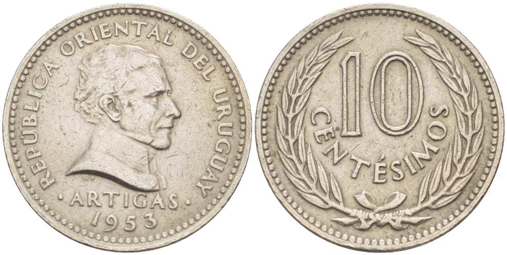 УРУГВАЙ 10 СЕНТЕСИМО 1953 ХОСЕ ХЕРВАСИО АРТИГАС KM 55 медно-никель 210-1034