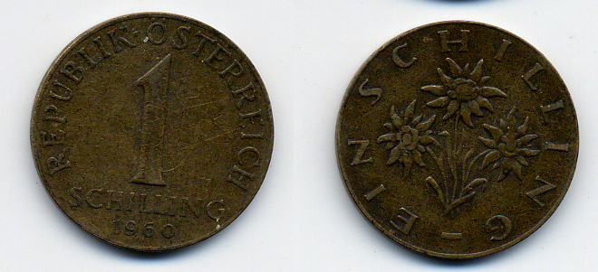 Австрия 1 шиллинг 1960 KM 2886 алюминиевая бронза 51-5141