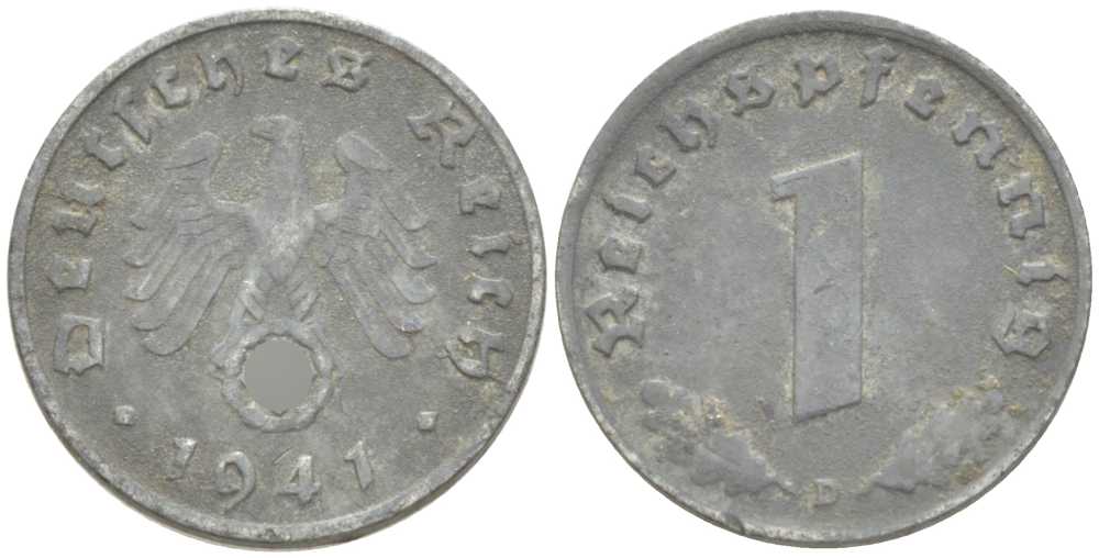 ГЕРМАНИЯ 1 РЕЙХСПФЕННИГ 1941 D KM 97, J. 369 цинк 206-1143