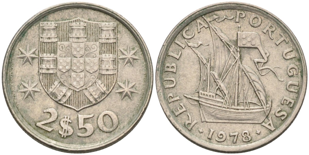 Португалия 2,5 эскудо 1978 Парусник KM 590 медно-никель 4575-232