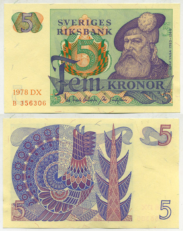 Швеция 5 крон 1978 DX, Густав I Ваза Pick 51d бумага aUNC 444-87-1