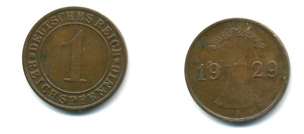 ГЕРМАНИЯ 1 РЕЙХСПФЕННИГ 1929 A KM 37, J. 313 бронза 46-869