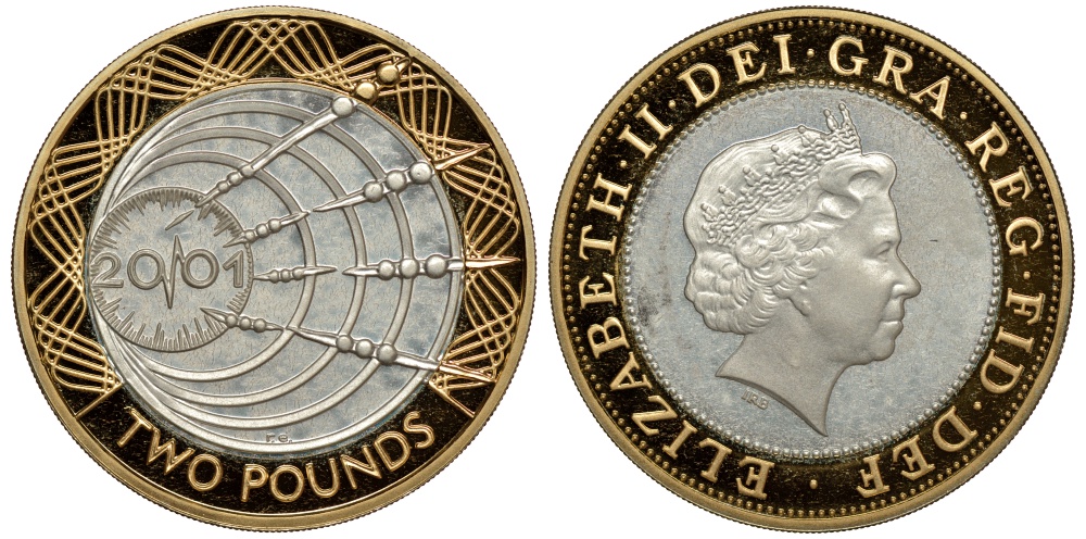 Великобритания 2 фунта 2001 Елизавета II (1952-2022), столетие трансатлантическому радио KM 1014a, Spink 4572 (K11) серебро PROOF 603-1322
