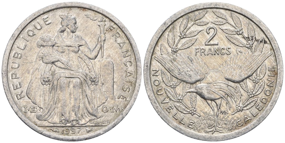 Французская Новая Каледония 2 франка 1997 птица кагу, (IEOM) KM 14, Schoen 11, Lec 68b алюминий    28-343