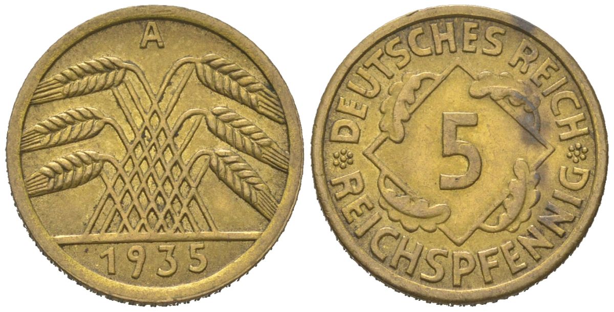 Германия 5 рейхспфеннигов 1935 A KM 39 алюминиевая бронза UNC 4617-339