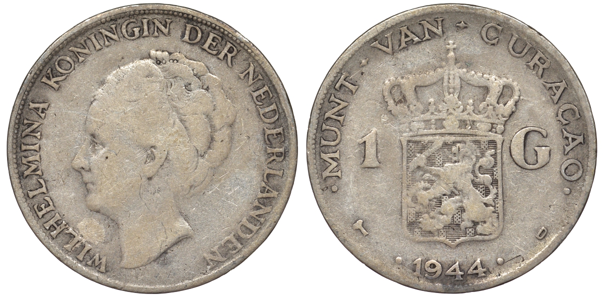 Нидерландское Кюрасао 1 гульден 1944 D, Вильгельмина (1890-1948) KM 45 серебро 36-556