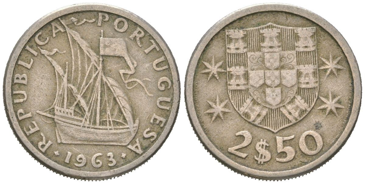 Португалия 2,5 эскудо 1963 парусник KM 590 медно-никель 4618-158
