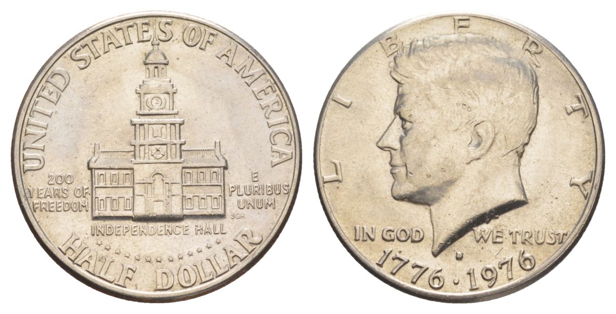 США 1/2 доллара (50 центов) 1976 D, 200 лет независимости, Джон Кеннеди KM 205 медь плакированная медно-никелем aUNC 4565-442