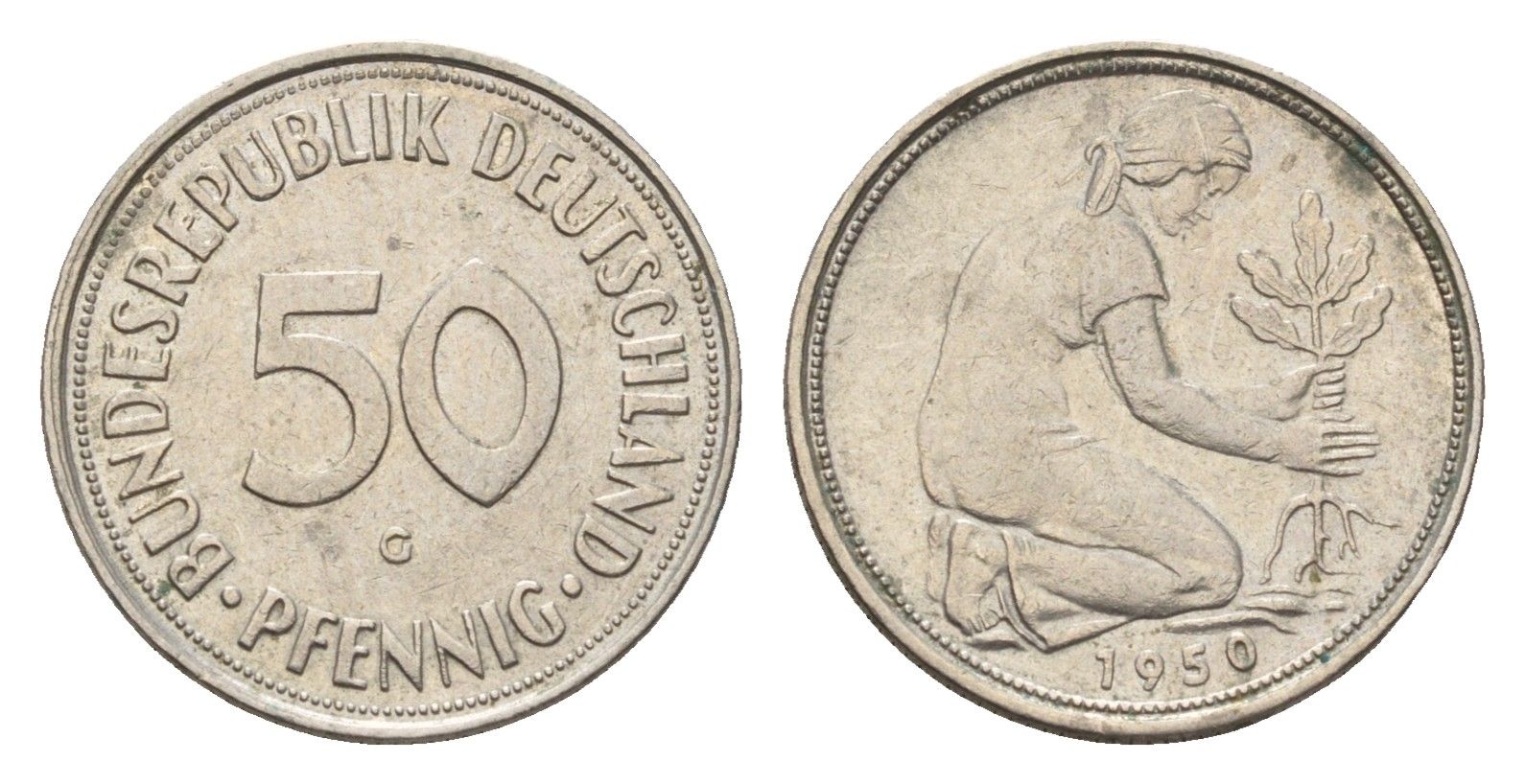 ФРГ 50 пфеннигов 1950 G KM 109, J. 384 медно-никель 4685-1224