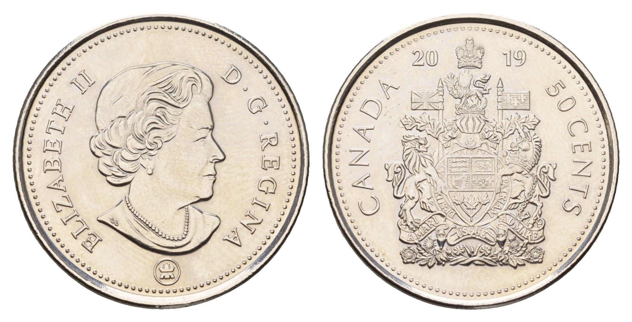 Канада 50 центов 2019 Елизавета II (1952-2022), герб KM 494 сталь плакированная никелем UNC 4678-1224