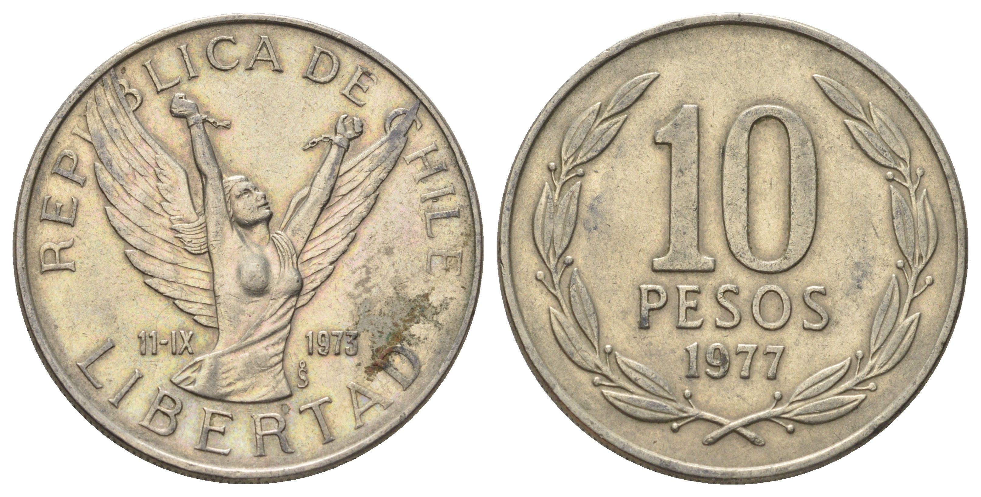 Чили 10 песо 1977 KM 210 медно-никель 4688-345
