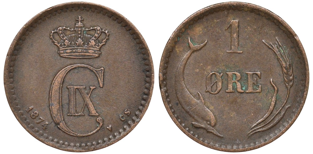 Дания 1 эре 1874 Кристиан IX (1873-1906), дельфин KM 792 бронза 4124-629