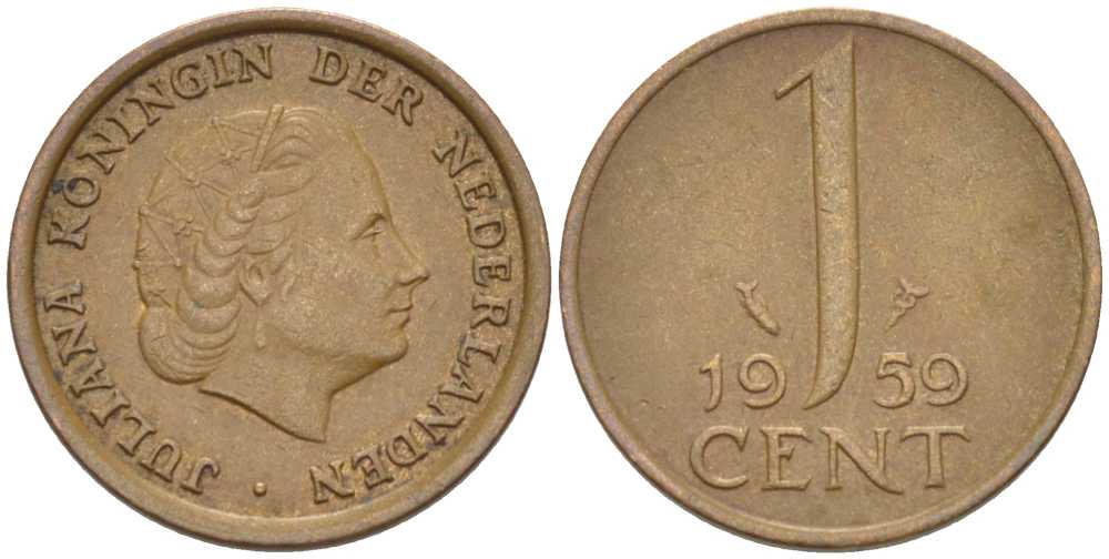 НИДЕРЛАНДЫ 1 ЦЕНТ 1959 ЮЛИАНА KM 180 бронза 66-916