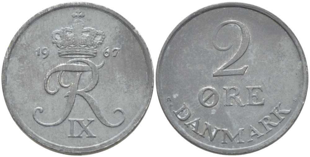 ДАНИЯ 2 ЭРЕ 1967 C;S, ФРЕДЕРИК IX (1947-1972) KM 840,2 цинк 202-713