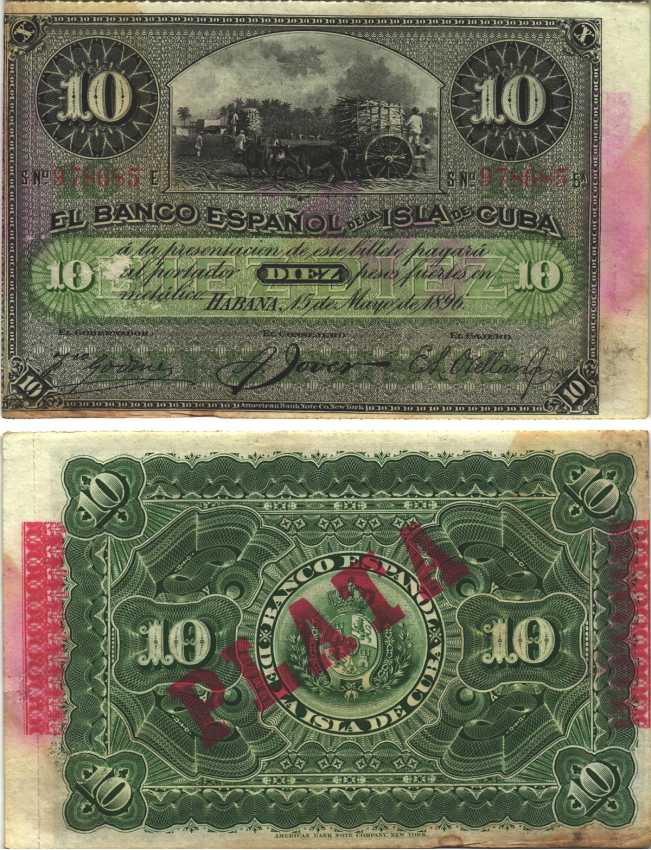 Куба 10 песо 1896 Испанская Администрация, надпечатка PLATA Pick 49 d бумага аUNC 7116-13-2-2