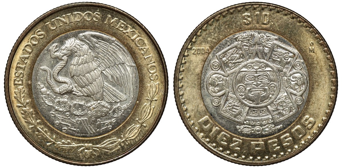 Мексика 10 песо 2004 Мо, бог Тонатиуха с огненной маской KM 616 биметалл UNC 4367-1113