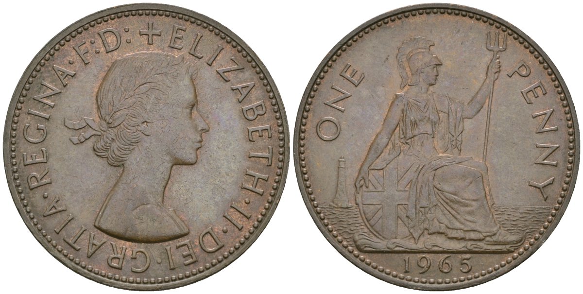 Великобритания 1 пенни 1965 Елизавета II (1952-2022) КМ 897, Spink 4157 бронза 81-444