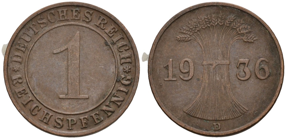 Германия 1 рейхспфенниг 1936 D KM 37, J. 313 бронза 4549-859