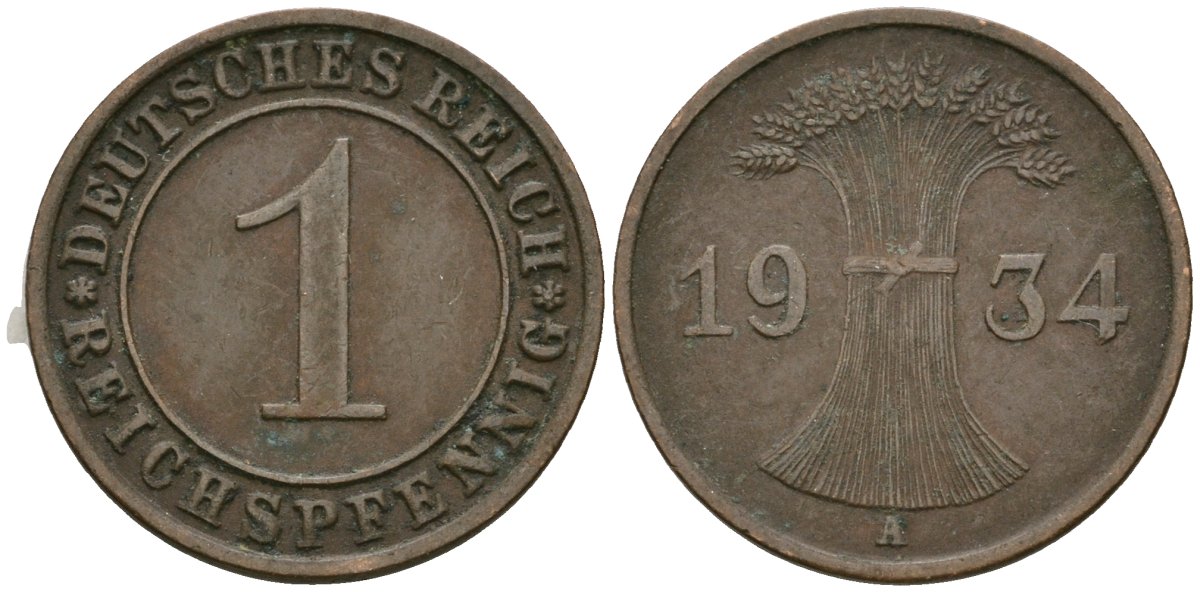 Германия 1 рейхспфенниг 1934 A KM 37, J. 313 бронза 4189-1236