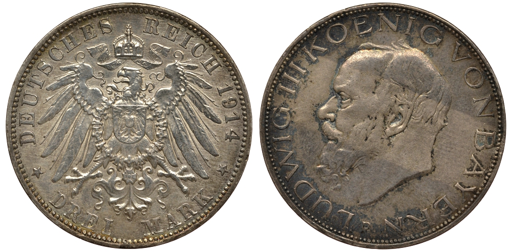 Бавария 3 марки 1914 D, Людвиг III (1913-1918) Weege 52, J. 52, KM 520 серебро 413-5035