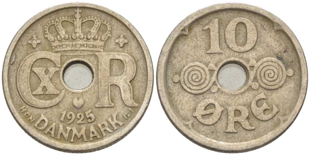 ДАНИЯ 10 ЭРЕ 1925 HCN ; GJ, КРИСТИАН X (1912-1947) KM 822.1 медно-никель 4392-1224