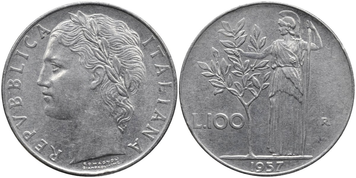 Италия 100 лир 1957 R, Афина в доспехах KM 96.1 нержавеющая сталь 4165-143