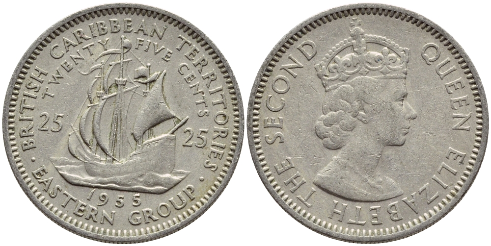 Британские Восточно-Карибские территории 25 центов 1955 Елизавета II (1952-2022), парусник KM 6 медно-никель 76-811